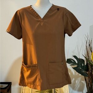 Medgear Women's Scrub Top Solid Brown Size XS V-Neck Short Sleeve Medical